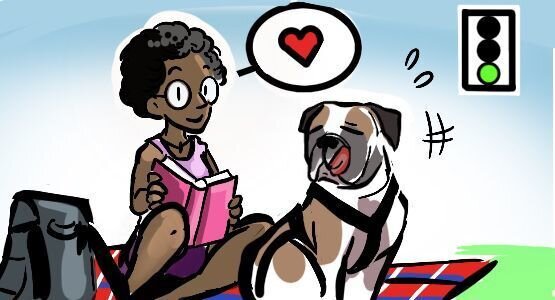 Eskalationsstufen: Der frei laufende Hund kommt näher. Hund auf der Decke zeigt ein Calming Signal. Beschwichtigungssignale: Hund sitzt, wendet sich ab und schleckt die Schnauze.