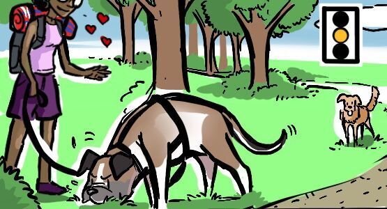 Emotionale Ampel springt auf gelb: wenn alle Salming Signals nichts nützen. Bedrängte Hunde flüchten sich in Ersatzhandlungen: in die Leine ins Gras beissen oder agieren wie Welpen ...