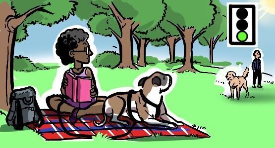 Eskalationsstufen: Hund zeigt sich entspannt. Eine neutrale Haltung. Hund auf einer Decke blickt in Richtung eines frei laufenden Artgenossen